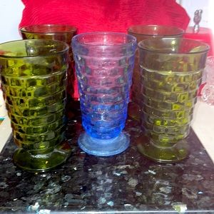 Vintage mid century avocado glasses, set a four green one blue no cracks